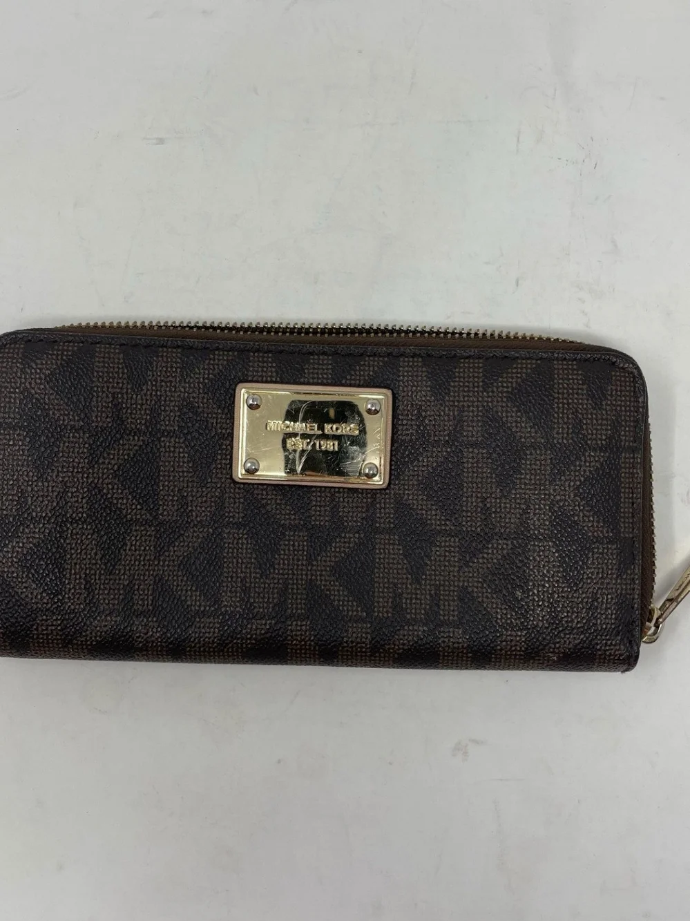 Michael Kors Dark Brown MK Logo Zip-Around Wallet with Gold Plaque